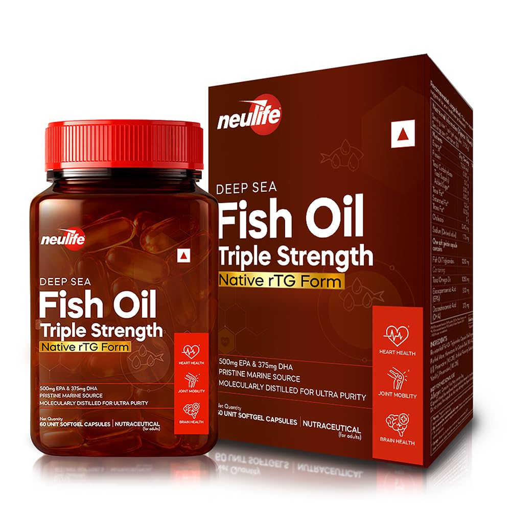 Neulife Deep Sea Fish Oil 3X Triple Strength | Native Triglyceride Form Omega-3s for Max Absorption | Mercury Free | 1050mg Total Omega-3s per capsule | 500/375 EPA/DHA | Supports Heart, Brain & Joint Health | 60ct softgels (Pack of 1)
