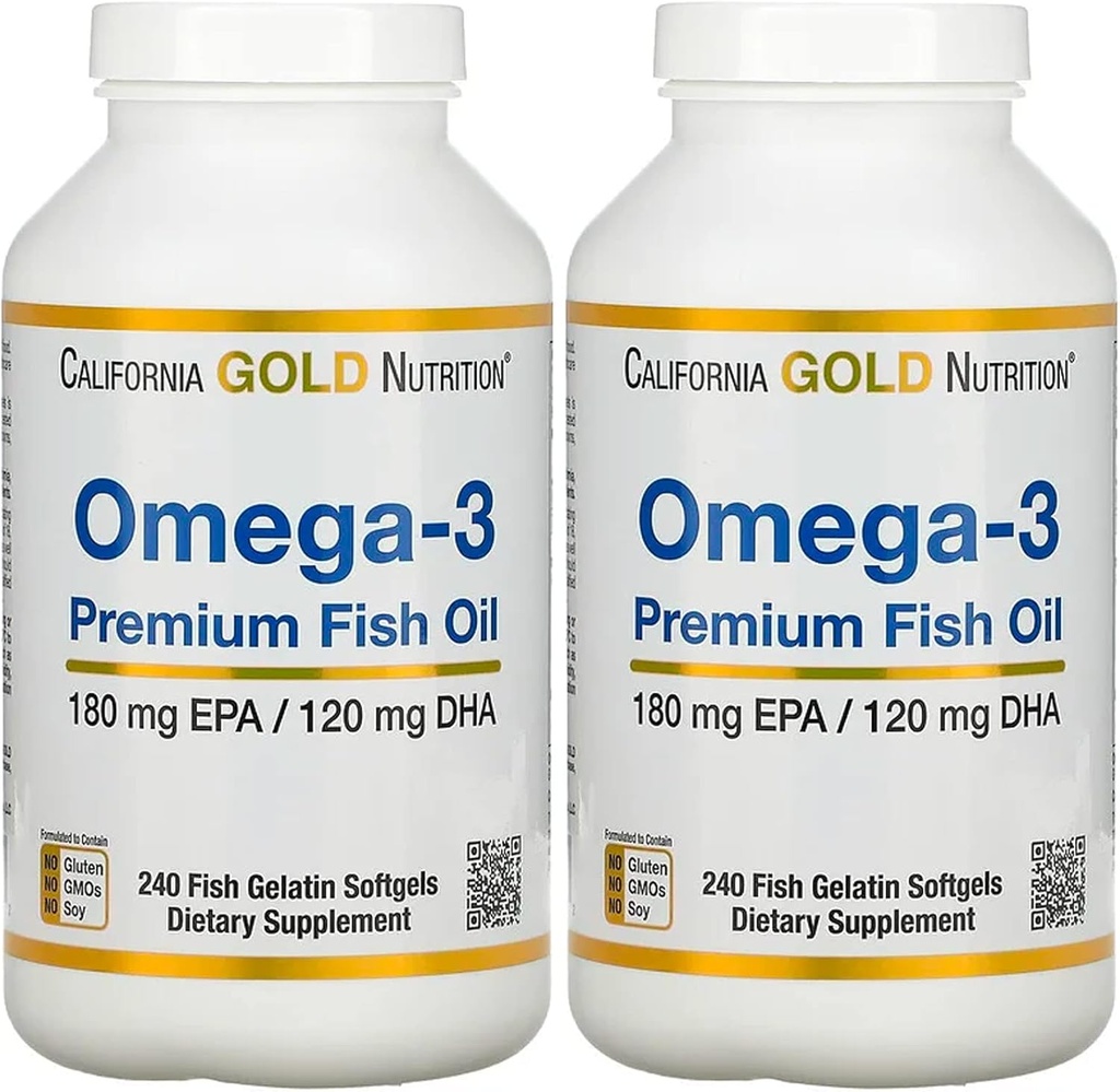California Gold Nutrition Premium Fish Oil, Omega-3, 180 mg EPA, 120 mg DHA, Concentrated Triglyceride Form, 240 Fish Gelatin Softgels, 2 Pack