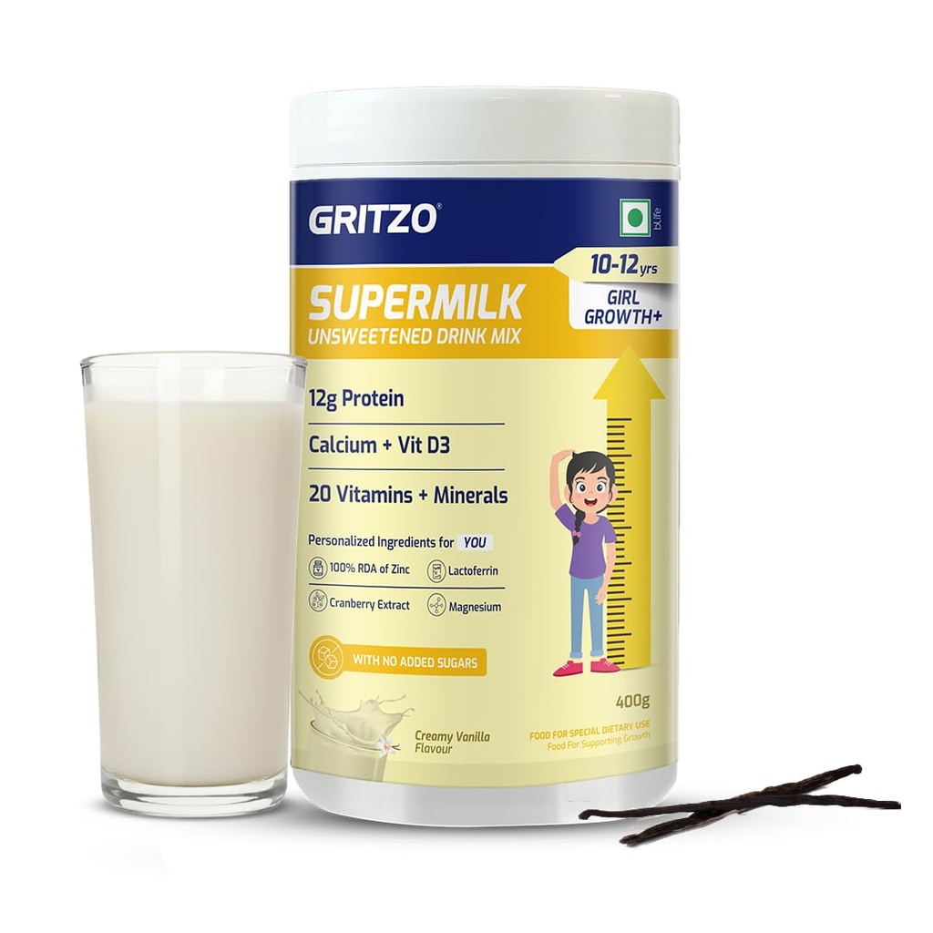 Gritzo SuperMilk Growth+ Unsweetened (10-12y Girl), Creamy Vanilla, 400g