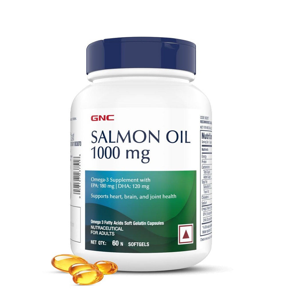 GNC 1000MG Salmon Oil for Men & Women | 60 Softgels | Rich Omega-3s with EPA & DHA | Relieves Joint Ache | Promotes Healthy Heart | Supports Memory | Protects Eye Health | Formulated in USA