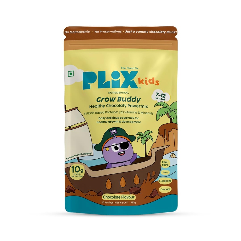 PLIX Kids Grow Buddy Chocolaty Powermix | 10g Protein | 20 Vitamins & Minerals | DHA & L-Arginine | Healthier Growth & Stronger Bones | Zero Refined Sugar | 7+ years