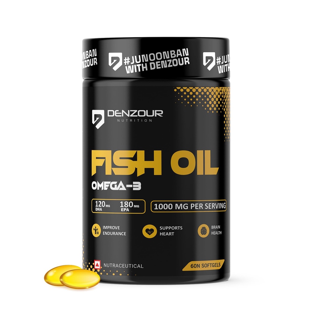DENZOUR NUTRITION Omega-3 Fish Oil 1000mg - 60 Softgel Capsules For Men & Women | Improve Endurance - 180 mg EPA & 120 mg DHA For Muscle & Joint Support, Healthy Heart & Brain Health| No Fishy Burps