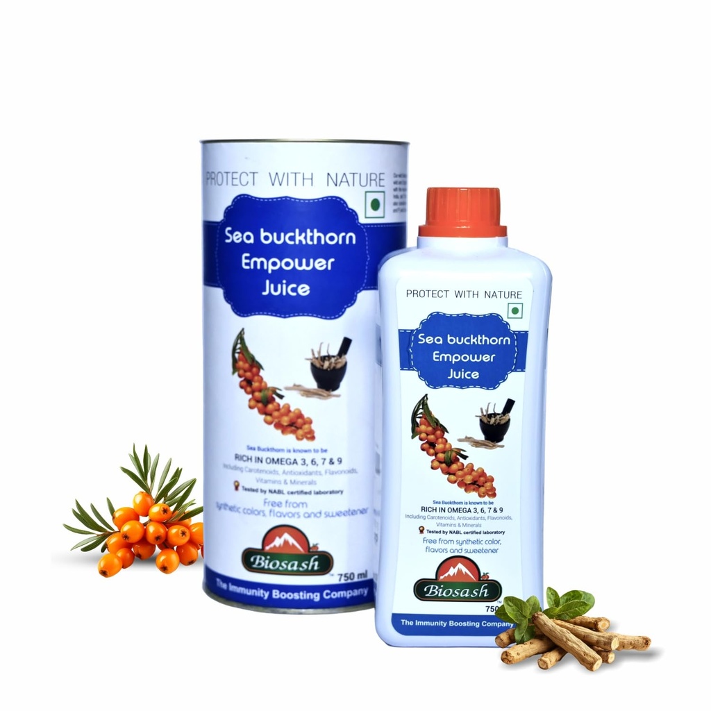 Biosash Sea Buckthorn Berry Empower Juice 750ml – Organic Juice with Seabuckthorn, Ashwagandha, Shatavari & Safed Musli | Rich in Omega 3 6 7 9 | Natural Drink for Energy Antioxidants & Vitality