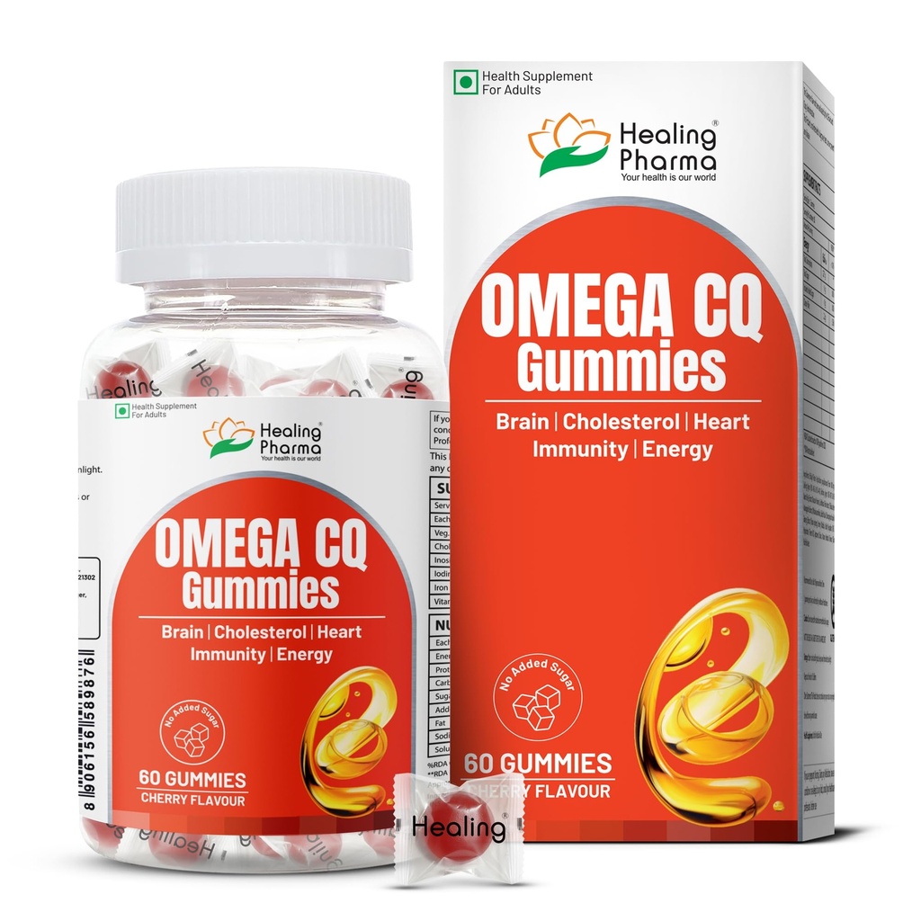 Healing Pharma - Omega CQ Gummies for Adults | Omega 3 (Flaxseed) with CoQ10 & Vitamin B5 | Supports Heart, Brain, Immunity & Energy | Cherry Flavour | No Added Sugar | Gluten Free – 60 Veg Gummies