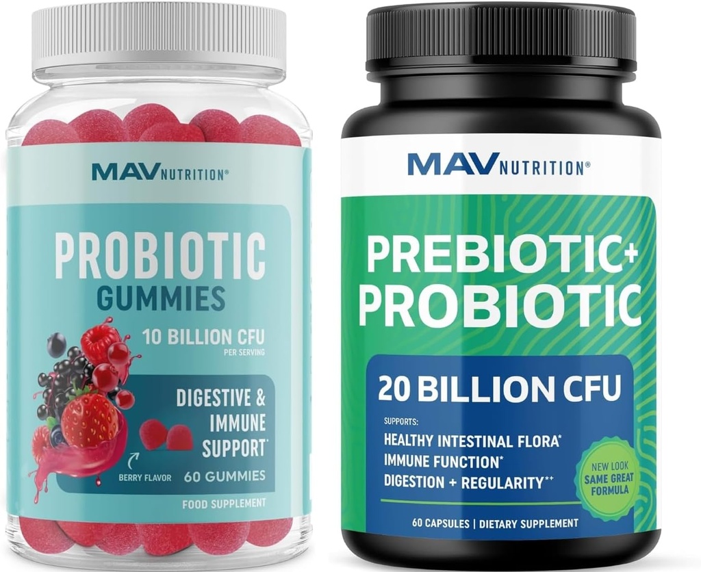 Probiotic & Prebiotic Capsules and Probiotic Gummies | Complete Gut Health, Digestion, and Immune Support Bundle | Gummies with 20 Billion CFU, Vitamin C, and Folic Acid