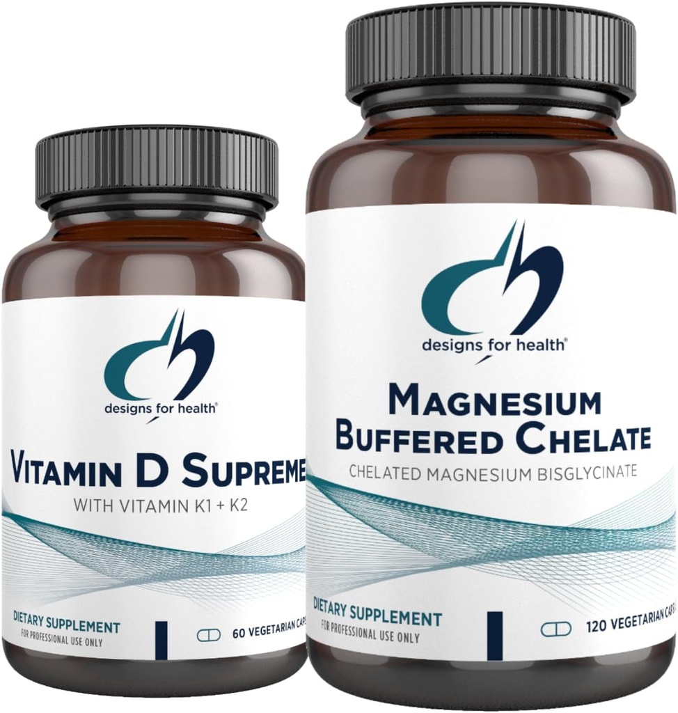 designs for health Vitamin D Supreme (60 Capsules) + Magnesium Glycinate Complex (180 Capsules) Bundle - Vitamin D3 5000 IU with 2000mcg Vitamin K + Magnesium Supplement (2 Products)