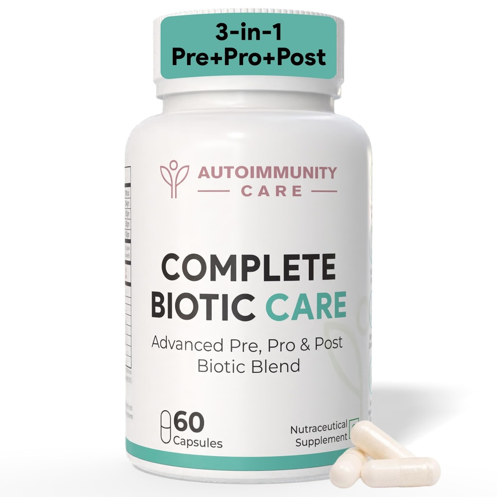 Autoimmunity Care Complete Biotic Care – 3-in-1 Pre Pro & Post Biotic Supplement | Prebiotics + Probiotics Supplement with Postbiotics, for Women & Men | Digestion Improve Supplement, Gut & Immunity | 60 Caps (30 dose)