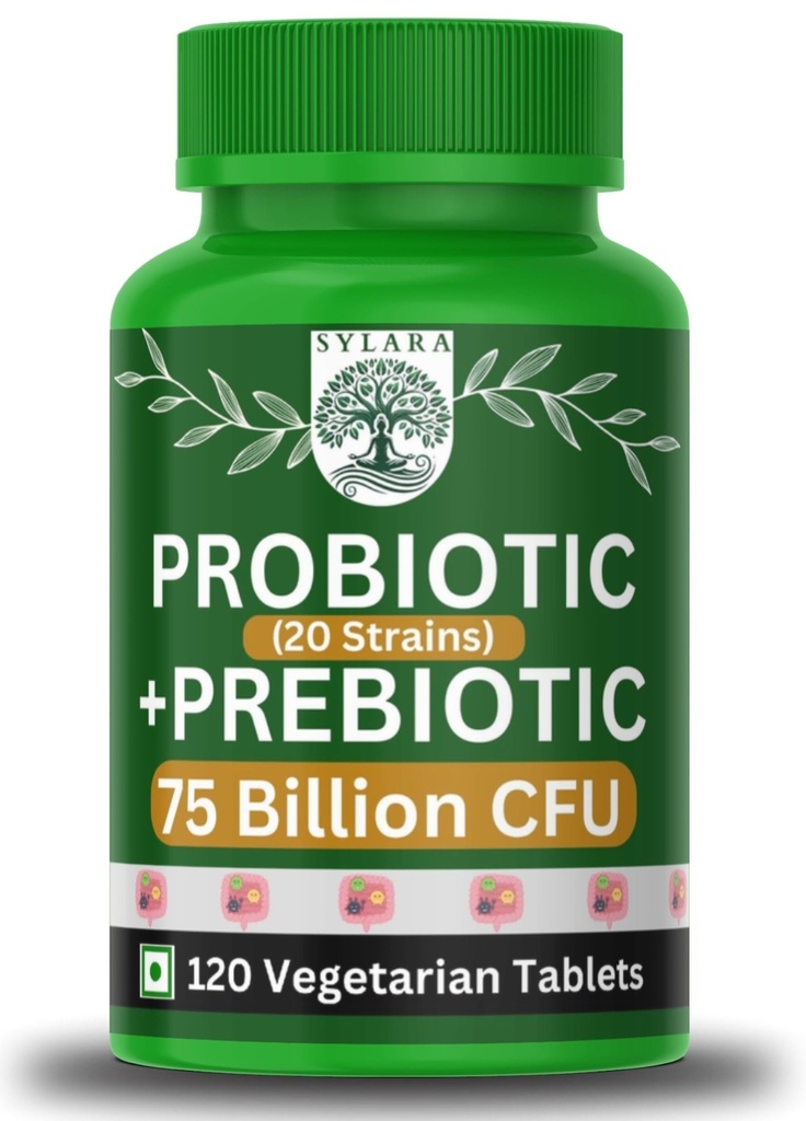 Sylara Probiotic - 75 Billion CFU - 20 Strains with Prebiotic 150 mg - Tablets/Capsules Supplements Powder