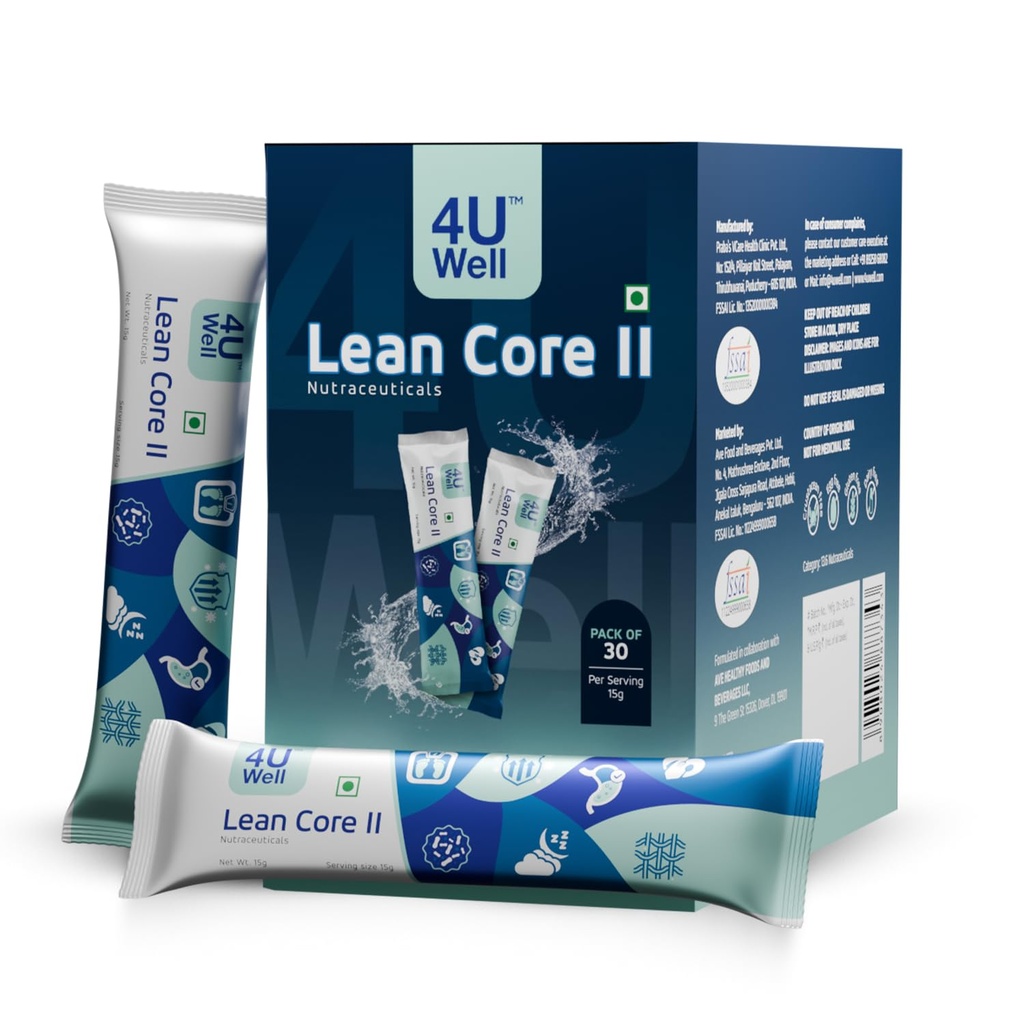 4UWell Lean Core II | Gut Health & Digestion Support | Prebiotic Inulin Fiber Supplement | Nutraceutical Digestive Health | Gluten Free, Dairy Free, Egg Free - 30 Sachets (15g Each)