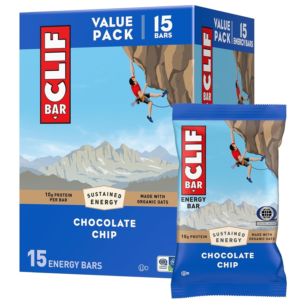 CLIF BAR - Protein Bars - Chocolate Chip - Made with Organic Oats - Energy Bars - Non-GMO - (15 Pack)