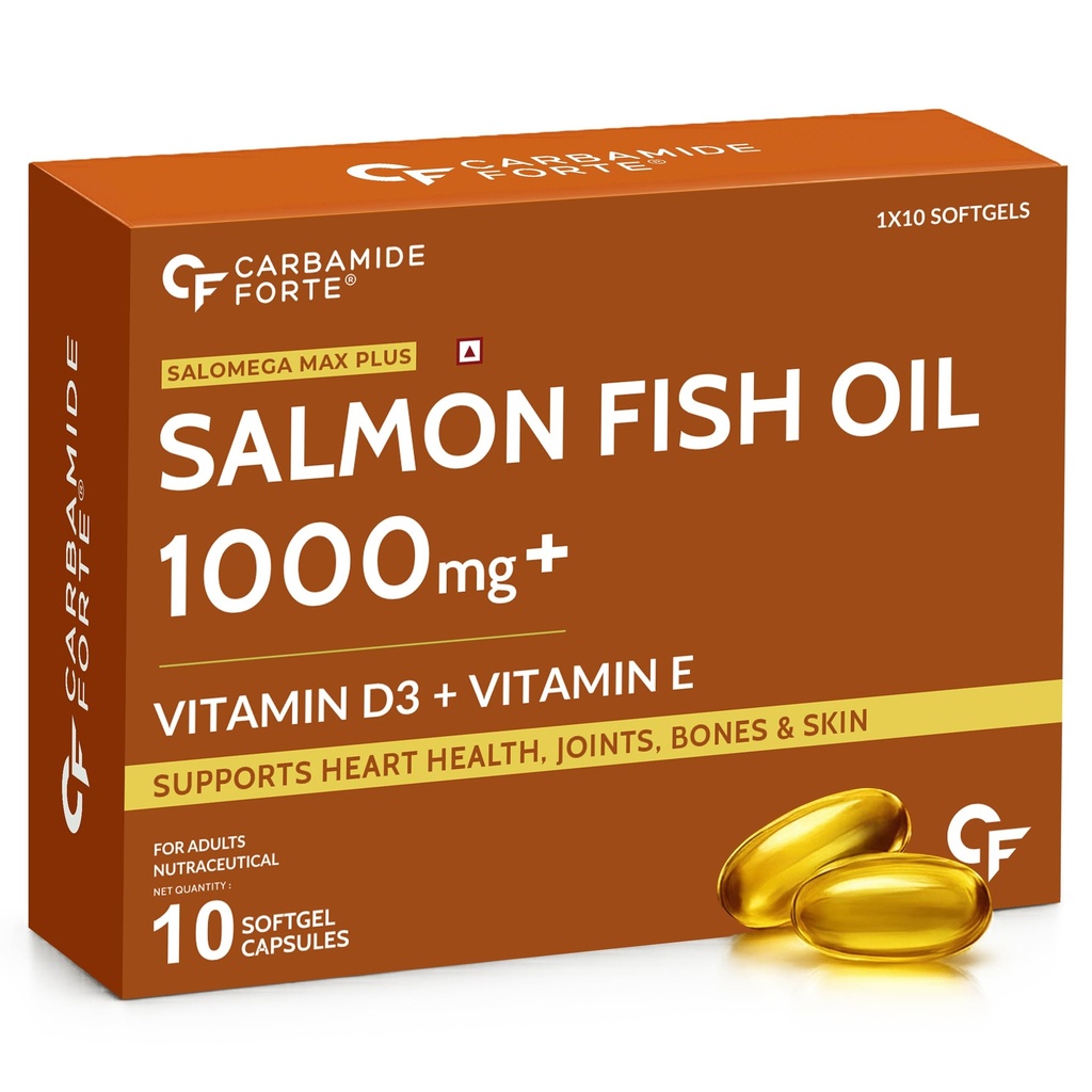 Carbamide Forte Salmon Omega 3 Fish Oil Capsules | Salmon Fish Oil Omega 3 Capsule 1000mg For Men & Women | Omega3 Fishoil Supplement For For Heart, Joints, Bones & Skin - 10 Softgels