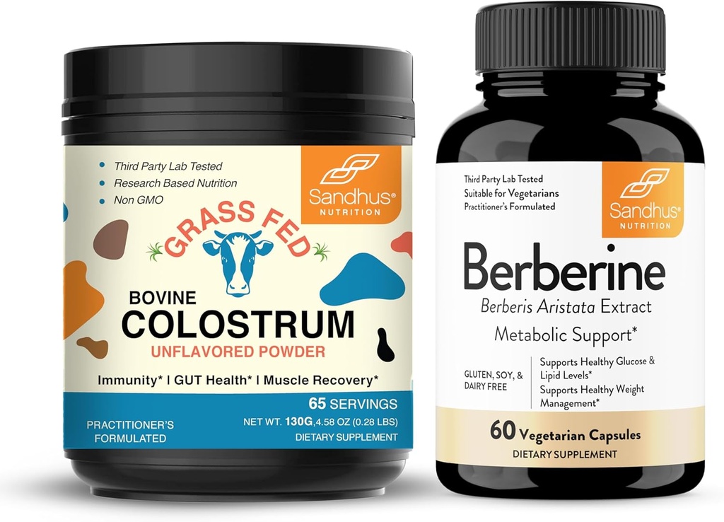 Sandhu's Pure Bovine Colostrum Powder Supplement for Humans & Berberine HCL Supplement 500mg per Capsule| Supports Immune, Gut, Muscle & Healthy Energy Levels| Non-GMO