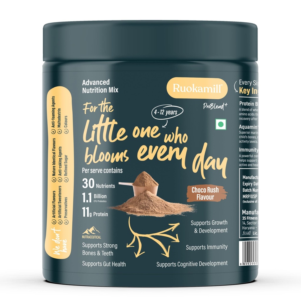Ruokamill Kids Nutrition Mix | Age 4-12 | Supports Growth, Brain Development & Immunity |30 Nutrients, 11g Protein, Omega-3 (EPA & DHA), 1.1B CFU Probiotics | No Refined Sugar | (400g, Chocolate)