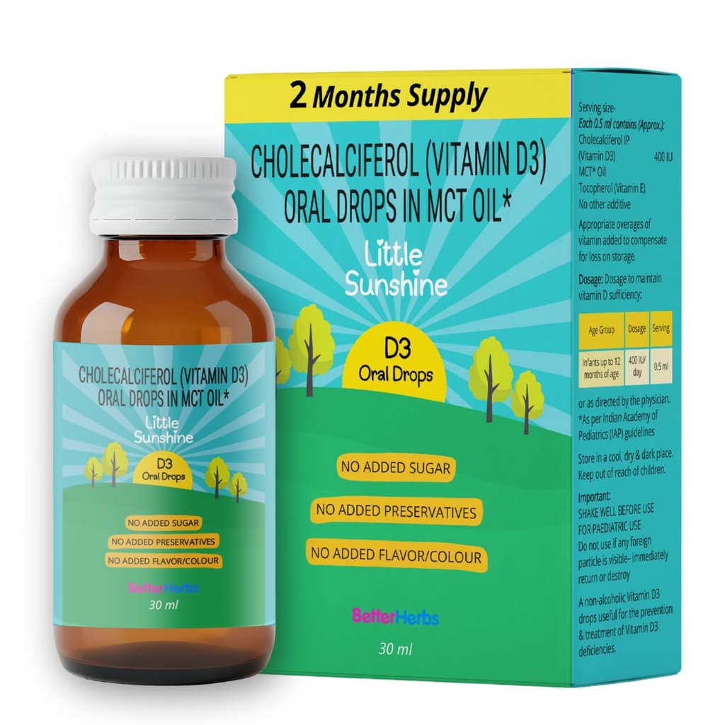 Little Sunshine Vitamin-D Drops for Infants: India's First Vitamin D3 with No Sugar + No Preservatives + No Color + No Flavor | 0.5ml daily dose | 30ml - 2months supply
