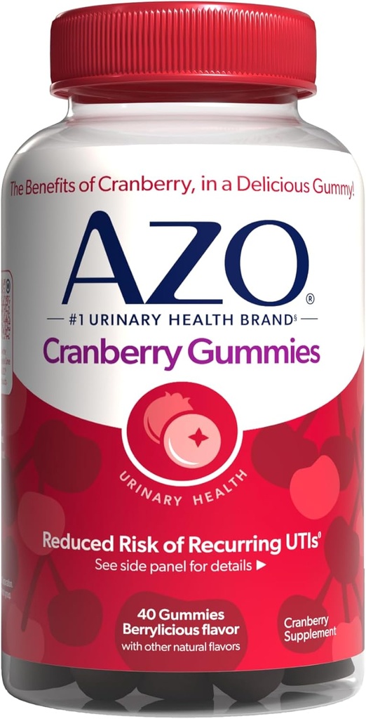 AZO Cranberry Urinary Tract Health Gummies Dietary Supplement 2 Gummies = Glass Cranberry Juice Helps Cleanse Protect Natural Berrylicious Flavor Gummies, Non-GMO, 40 Count