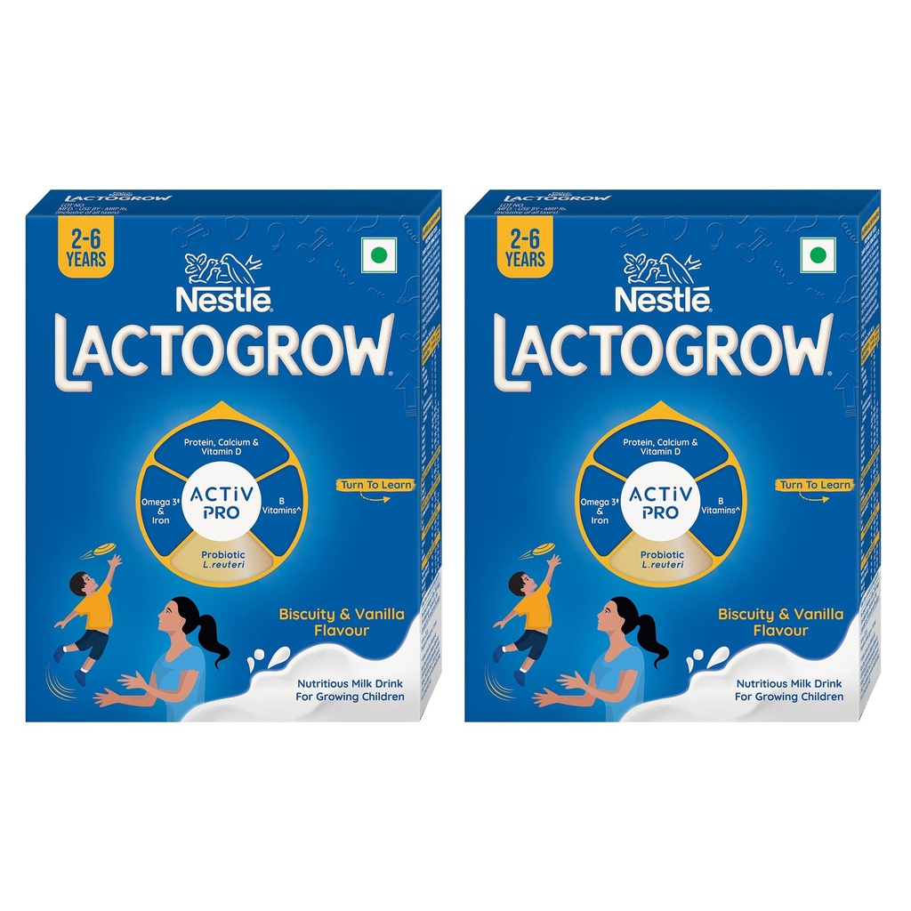 Nestle LACTOGROW Nutritious Milk Drink Powder | Biscuity Vanilla Flavour (2-6 Years), Pack of 2, 800G, Bag-In-Box Pack