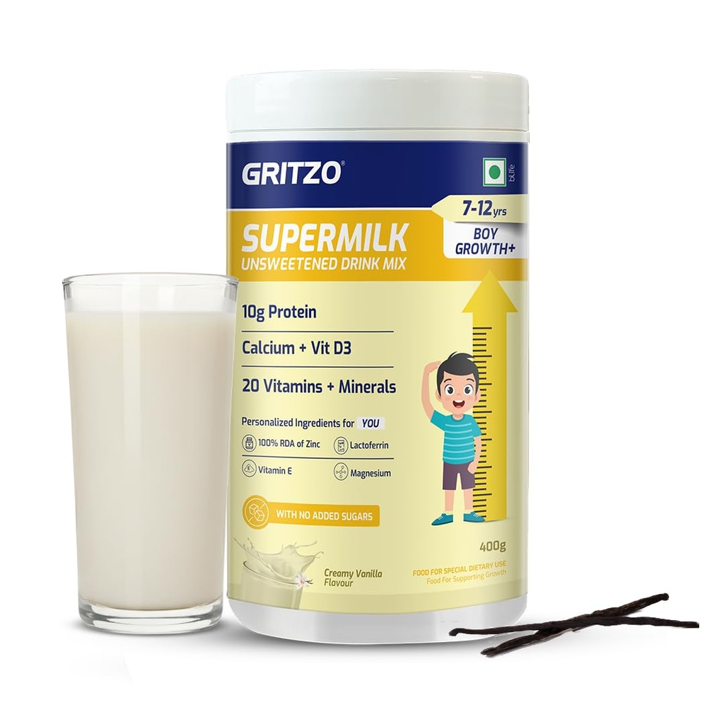 Gritzo SuperMilk Growth+ Unsweetened (7-12y Boy), Creamy Vanilla, 400g