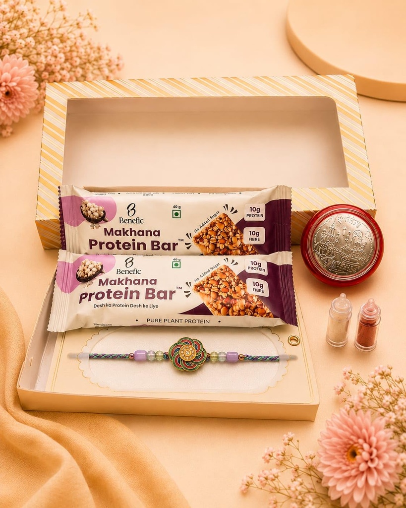 Benefic Rakhi Gift Set with 1 Special Rakhi, 1 Silver Plated Coin, 2 Makhana Protein Bars, 1- Roli & Akshat | Best Gift Set for Rakhi (No. 15)