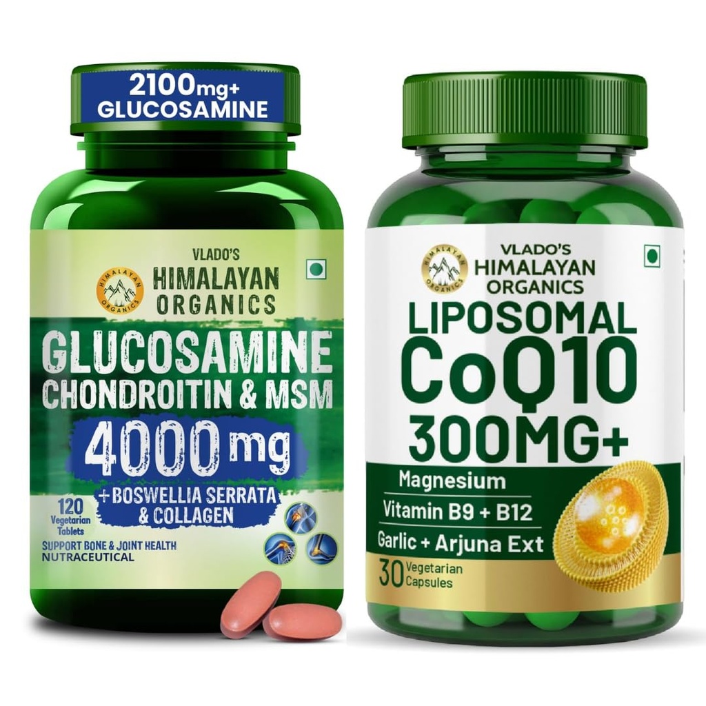 Vlado’s Himalayan Organics Glucosamine Chondroitin MSM Tablets 120 Veg Tab + Liposomal Coenzyme Q10 | CoQ10 Supplement 300mg+ with Magnesium, Vitamin B9 & B12, D-Chiro-Inositol,Garlic, 30 Capsules