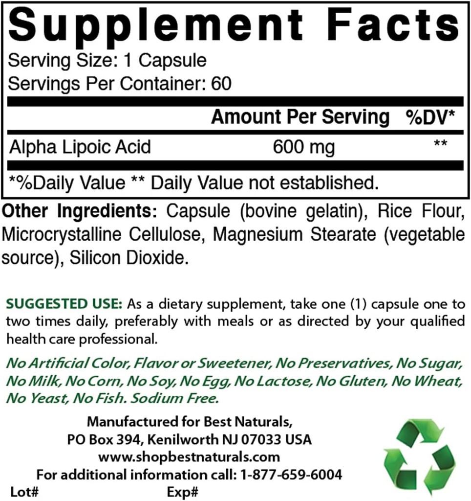 Best Naturals Alpha Lipoic Acid 600 mg & Acetyl L-Carnitine 1000mg