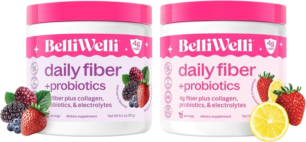 Daily Fiber Supplement Bundle with Collagen, Probiotics & Electrolytes – Strawberry Lemonade & Wild Berry Flavors – Supports Digestion, Gut Balance, & Debloating – 32 Servings