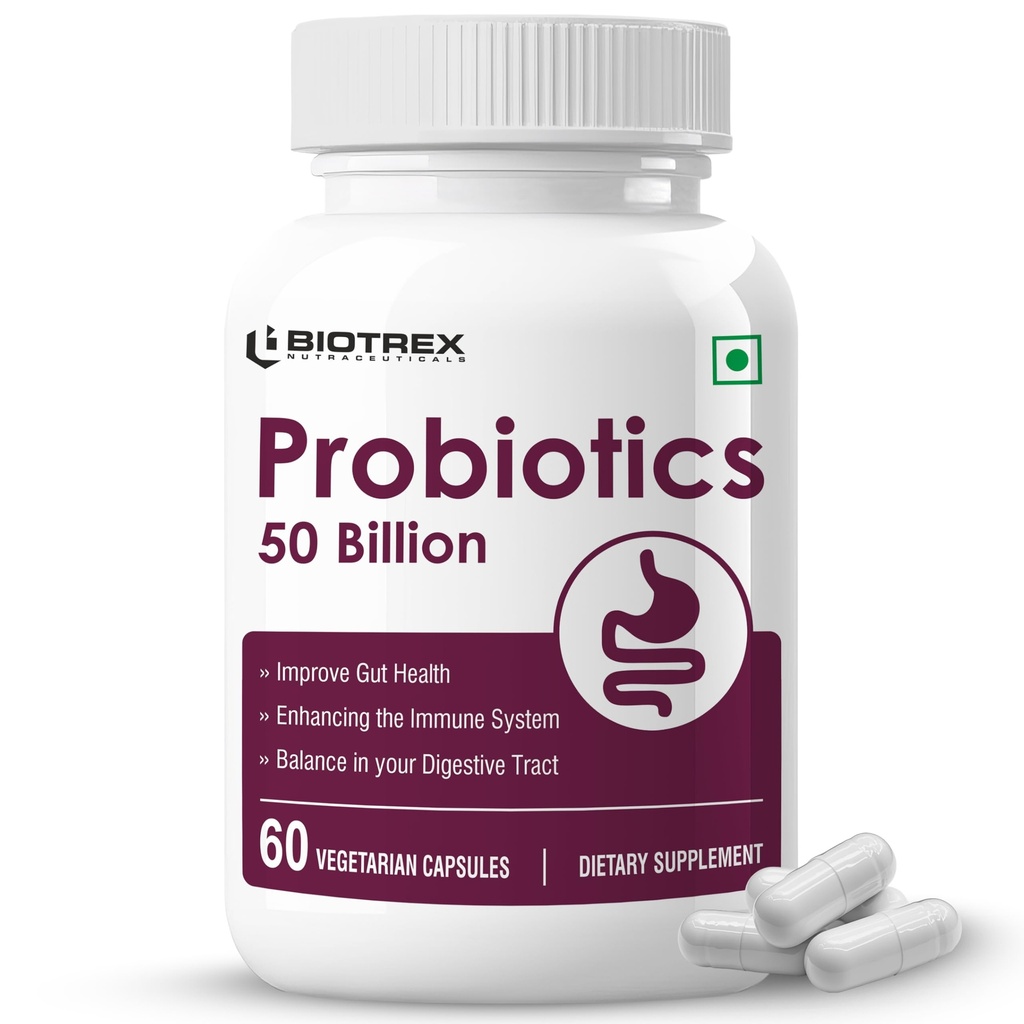Biotrex Nutraceuticals Probiotics 50 Billion With 150mg Prebiotics Supplement For Gut Health - 60 Capsules