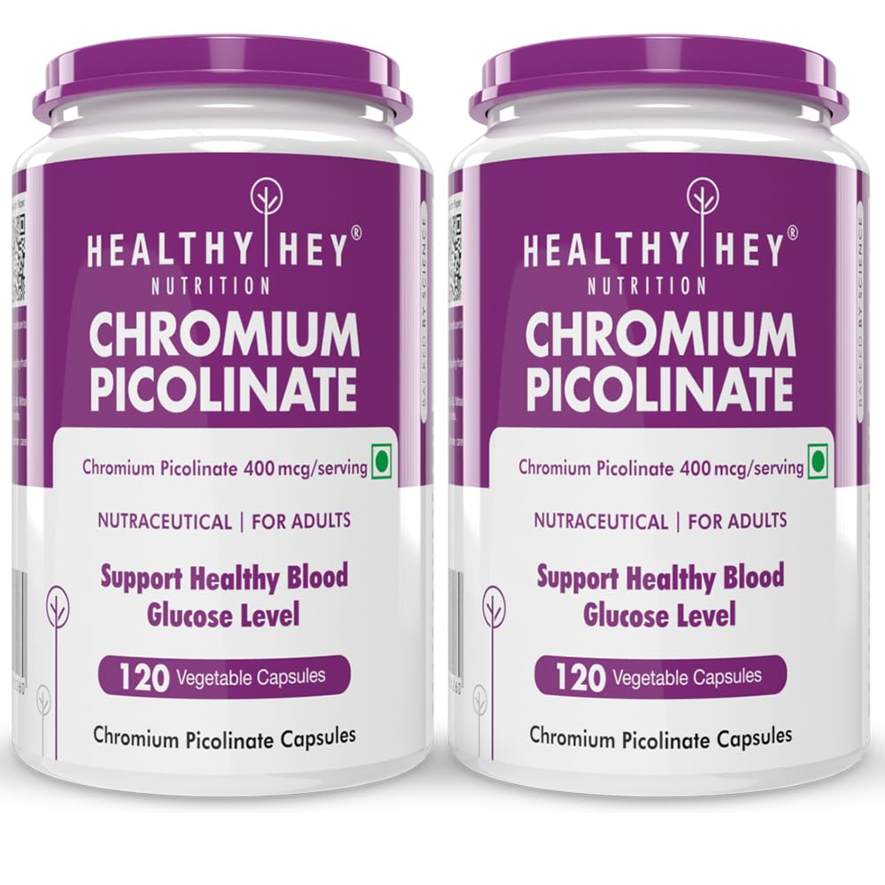 HealthyHey Nutririon Chromium Picolinate 400mcg - Support Glucose Metabolism (High Absorption) 120 Vegan Safe Capsules, Non-GMO, Gluten Free - Pack of 2