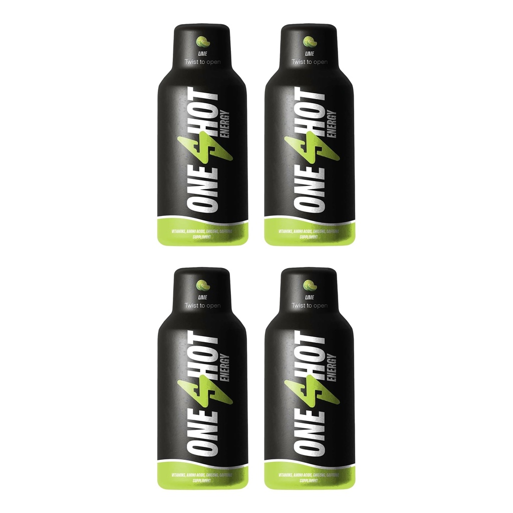 ONE SHOT ENERGY Energy Shot (Pack of 240ml 4 Shots) | (4 x 60ml in Lime Flavour) 100mg Caffeine 1000mg Taurine Ginseng BVitamins