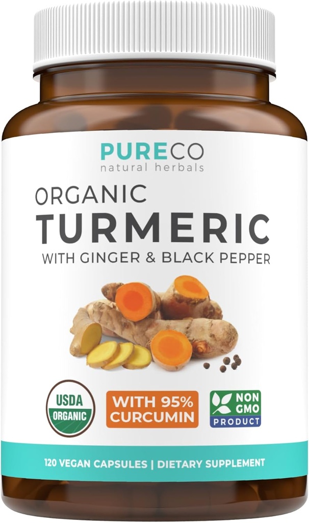 Organic Turmeric Ginger Black Pepper Supplement - High Potency Organic Turmeric Curcumin Capsules with Ginger & Black Pepper for Enhanced Benefits and Absorption - Vegan & Non-GMO (2 Month Supply)
