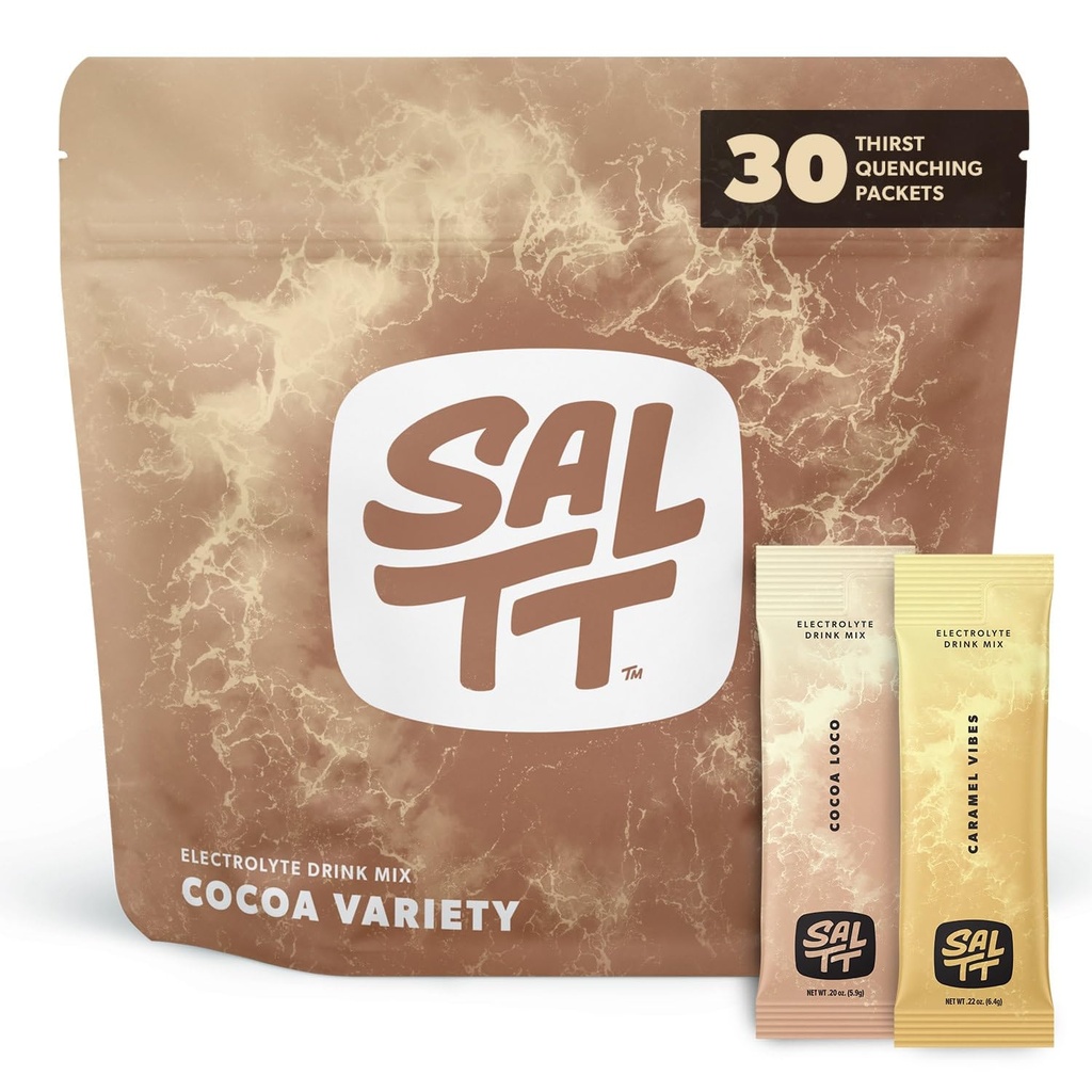 SALTT Electrolytes Powder Packets (Cocoa Variety Pack - Chocolate & Caramel) 30 Sticks - Easy Dissolve, No Clumping - Essential Minerals - Hydration Packets - Zero Sugar - Gluten Free, Vegan & Kosher