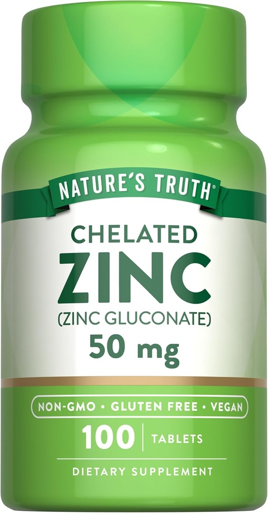 Nature's Truth Chelated Zinc 50mg | 100 Tablets | Essential Mineral Supplement | from Zinc Gluconate | Vegan, Non-GMO & Gluten Free