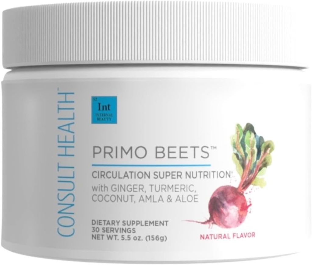 Consult Health Primo Beets - Beet Root Powder Drink Mix with Electrolytes - Nitrates to Support Circulation - Energy Boost - Ginger & Turmeric - for Men & Women - Natural Flavor - 30 Servings