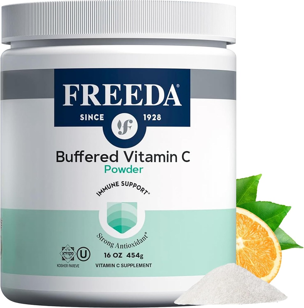 FREEDA Buffered Vitamin C Powder – Gentle on Stomach, Kosher & Vegan, High-Absorption Immune Support, Sugar-Free Calcium Ascorbate Antioxidant Supplement (16 oz)