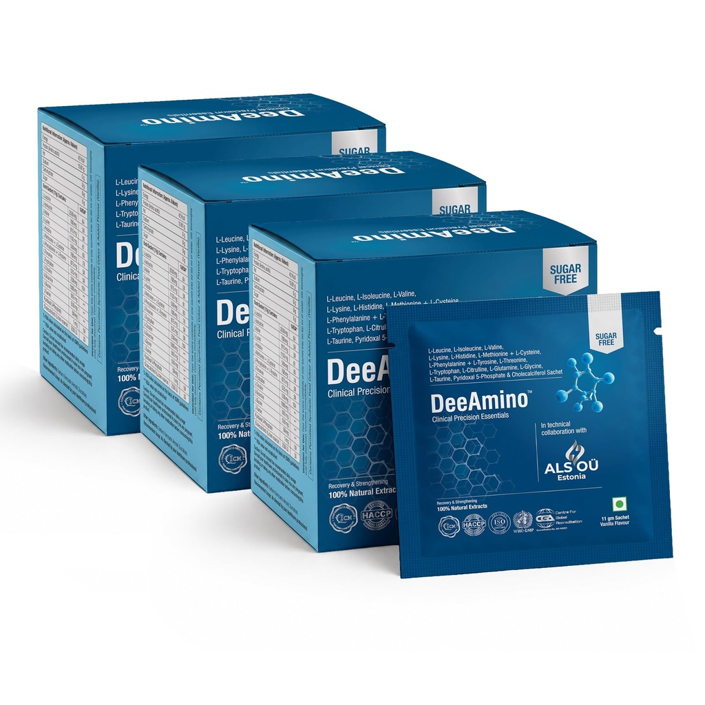 DeeAmino Amino Acid Recovery Supplement – Complete EAA, BCAA, Citrulline, Glutamine, Glycine, Taurine with Active B6 & D3 | Sugar Free Vanilla | 10 x 11g Sachets