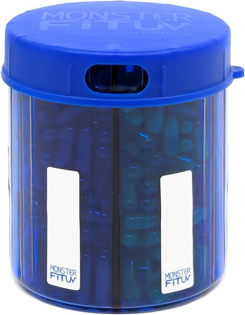 Monster Jr Supplement Pill Dispenser with Labels - Holds Small Medium Medication Vitamins and Easily Dispense from One Container Includes Compartment Labels (Monster Jr Blue UV - 1 Pack)