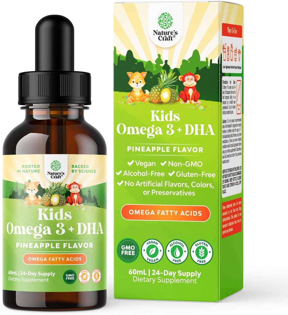 Kids DHA Omega 3 Drops - Fatty Acids Omega 3 6 9 for Brain, Immune Strength & Vision - Nutritional DHA for Kids for Healthy Nervous System & Focus Support - Liquid Supplement with EPA & ALA - 2 Fl Oz