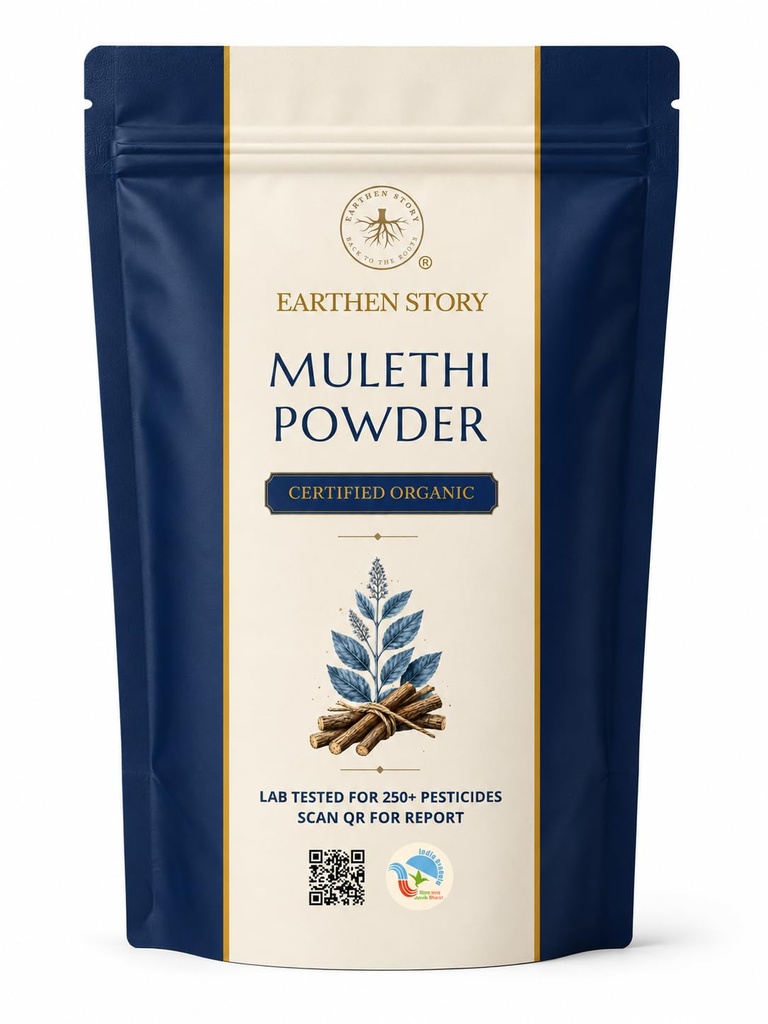 Earthen Story Certified Organic Mulethi Powder (200g) | Lab Tested for 192 Pesticides | Pure Liquorice Root (Yashtimadhu) for Throat, Digestion & Skin Brightening | Vegan, Non-GMO