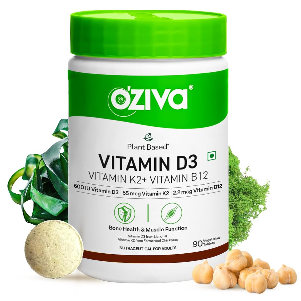 OZiva Vitamin D3, K2 & B12 | With Vitamin D3 For Stronger Bones, K2 (MK7) for Bone Density & B12 for Muscle Growth & Recovery - 90 Tablets