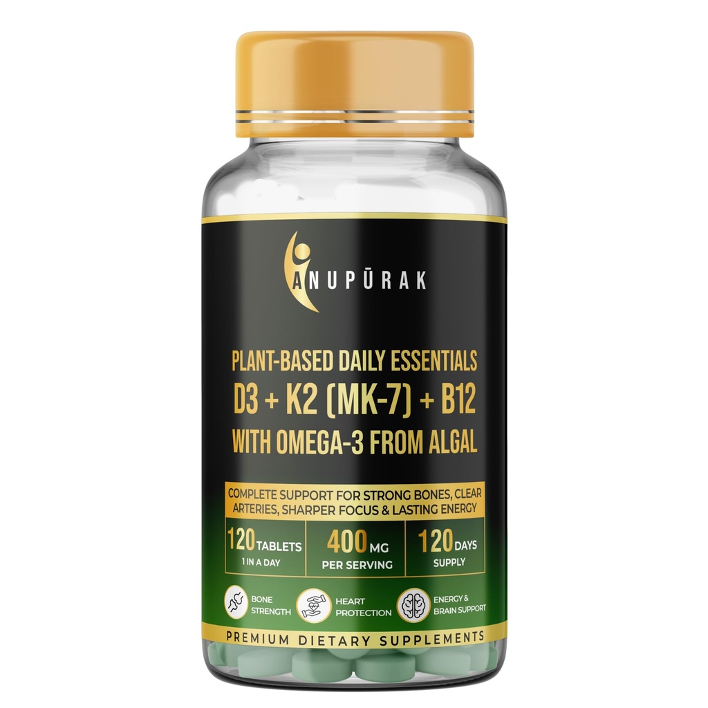 Vegan D3 K2 B12 & Omega 3 DHA Tablets | 4-in-1 Daily Essential Supplement | Bone, Brain, Heart & Energy Support | D3 (Lichen) + K2 MK-7 (Natto) + B12 + 250mg Algal DHA | 120 Veg Tablets (120 Days)