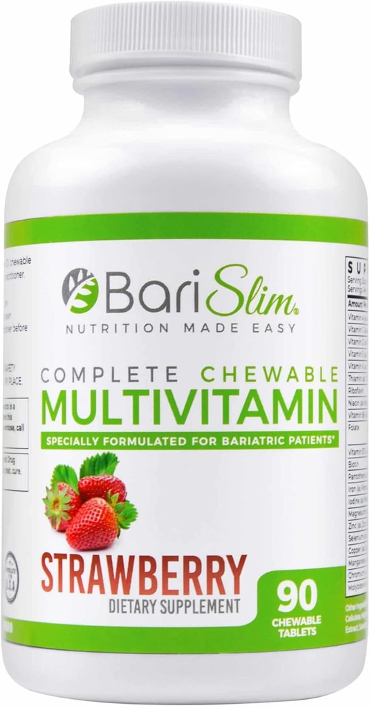 BariSlim Complete Chewable Bariatric Multivitamin with 45 mg Iron - Bariatric Multivitamin for Post Bariatric Surgery Including Gastric Bypass and Gastric Sleeve - Strawberry (90 Count)
