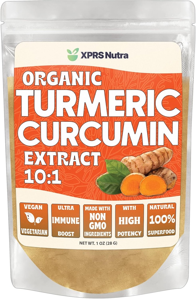 XPRS Nutra Organic Turmeric Curcumin Powder Extract 10:1 - Premium USDA Organic Curcumin Powder for Immunity - Vegan Friendly Pure Curcumin for Gut Health (1 Ounce)