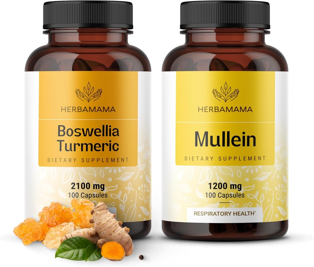 HERBAMAMA Boswellia Turmeric and Mullein Leaf Capsules Kit - Bundle of 2100 mg Boswellia Turmeric & 1200 mg Mullein Leaf Capsules - Vegan, Non GMO, Gelatin-Free - 2 Pack