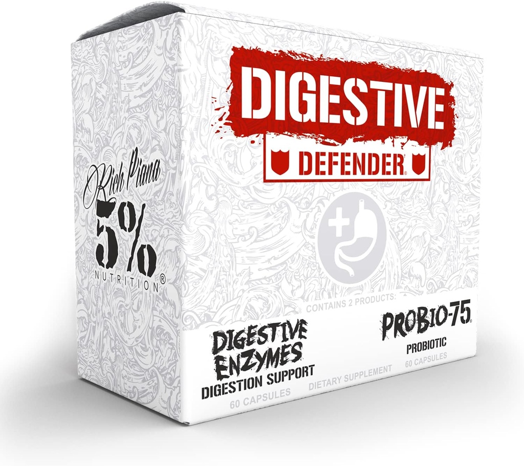 5% Nutrition Rich Piana Digestive Defender | Probio-75 & Digestive Enzymes Digestion Supplement | Premium Quality Enzymes with Probiotics and Prebiotic Fiber | 120 Gelatin Capsules (30 Svgs)