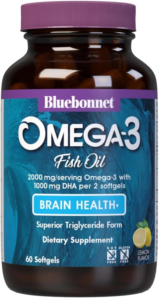 Bluebonnet Nutrition Omega-3 Brain Formula Natural Wild Caught Triglyceride Form DHA 860 mg EPA 120 mg - Highly Concentrated Cognitive Health & Wellness Support Supplement - Gluten-Free - 60 Softgels