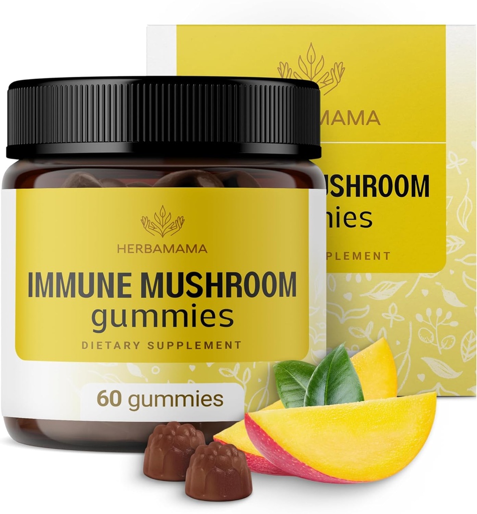 HERBAMAMA Immune Support Mushroom Gummies - Multi Mushroom Blend Complex for Antioxidant Support - Vegan, Non-GMO Immunity Supplement - 60 Pectin-Based Mango-Flavored Chews