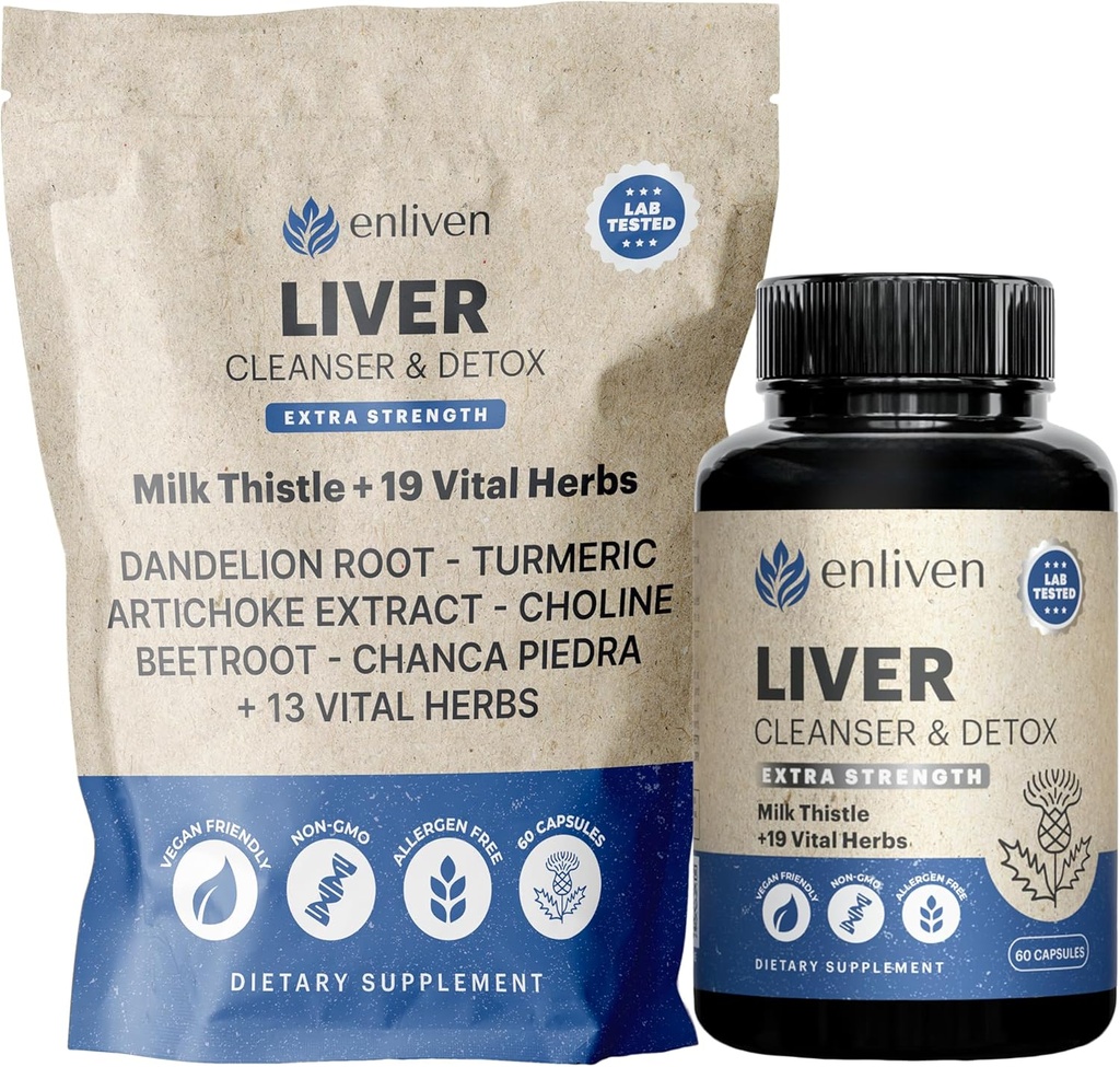 enliven Liver Cleanse Detox & Repair Capsules | Natural Liver Support with Milk Thistle, Dandelion & Artichoke | Promotes Liver Health & Digestion | Non-GMO Herbal Supplement | 60 Capsules
