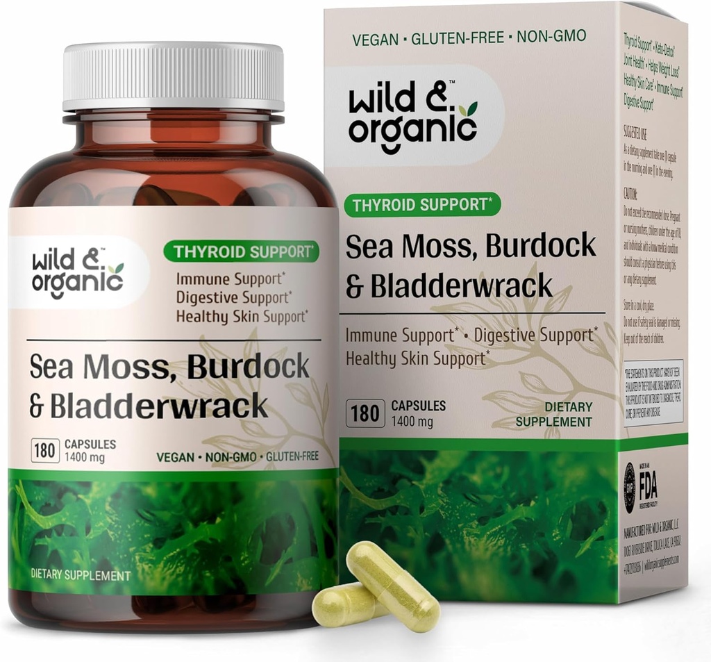 Wild & Organic Sea Moss Capsules - Irish Sea Moss Complex with Bladderwrack & Burdock Root for Overall Well-Being - 180 Vegan Seamoss Capsules