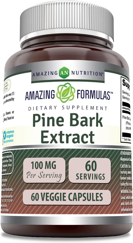 Amazing Formulas Pine bark Extract 100mg 60 Veggie Capsules | Non-GMO | Gluten Free | Made in USA | Suitable for Vegetarians