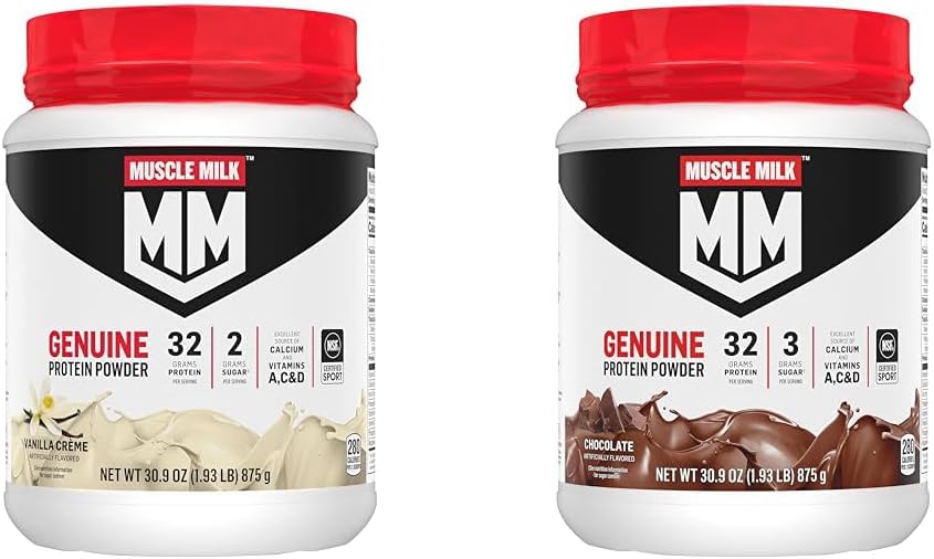 Muscle Milk Genuine Protein Powder Bundle, Vanilla Crème 1.93 Pounds 12 Servings 32g Protein 2g Sugar and Chocolate 1.93 Pounds 12 Servings 32g Protein 3g Sugar