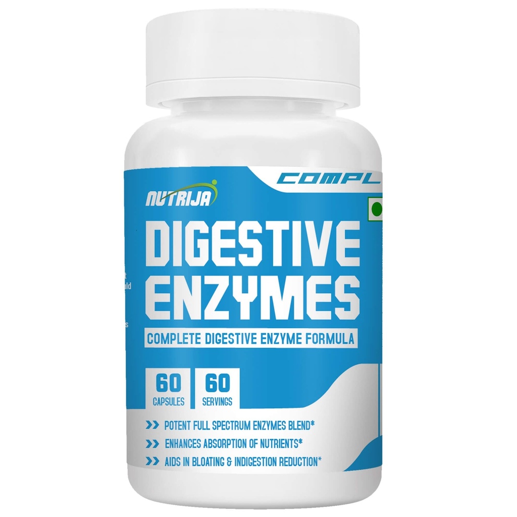 NutriJa Complete Digestive Enzymes | Full Spectrum Enzyme Blend with Protease, Amylase, Lipase, Papain, Betaine HCL & BioPerine | 60 Capsules